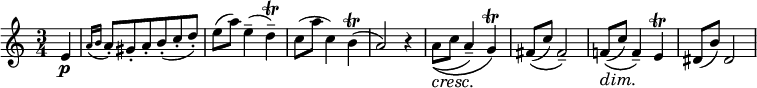 
\relative c'' {
\set Staff.midiInstrument = #"string ensemble 1"
\set Score.tempoHideNote = ##t \tempo 4 = 160
\time 3/4
  \set Score.barNumberVisibility = #all-bar-numbers-visible
  \override TupletBracket #'stencil = ##f
  \set Score.currentBarNumber = #1
  \key c\major
  % Permit first bar number to be printed
  \partial 4

e,4\p|\acciaccatura { a16 b } a8-. gis-. a-. b-.( c-. d-.) | e( a) e4--( d--\trill) | c8( a' c,4) b\trill( | a2) r4 |\crescTextCresc a8_(_\(\< c\! a4--) g\trill\) | fis8(\( c') fis,2--\) | \dimTextDim f!8(\(\> c')\! f,4--\) e\trill | dis8( b') dis,2
}
