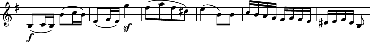 
 \relative c' {
  \new Staff \with { \remove "Time_signature_engraver" } { \key e \minor \time 2/4
   b8\f( c16 b) b'8( c16 b) e,8( fis16 e) g'4\sf fis8[( a fis dis)] e4( b8) b c16 b a g fis g fis e dis e fis dis b8
  }
 }
