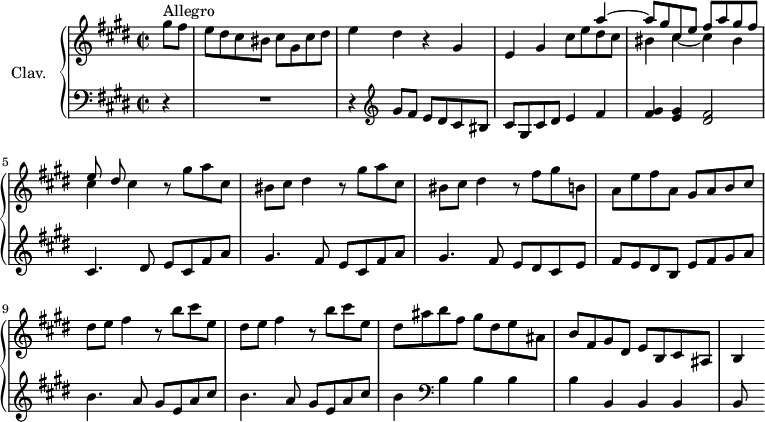 
\version "2.18.2"
\header {
  tagline = ##f
  % composer = "Domenico Scarlatti"
  % opus = "K. 246"
  % meter = "Allegro"
}

%% les petites notes
%trillBesp     = { \tag #'print { bes4.\prall } \tag #'midi { c32 bes c bes~ bes4 } }

upper = \relative c'' {
  \clef treble 
  \key cis \minor
  \time 2/2
  \tempo 2 = 76
  \set Staff.midiInstrument = #"harpsichord"
  \override TupletBracket.bracket-visibility = ##f

   \partial 4
      s8*0^\markup{Allegro}
      gis'8 fis | e dis cis bis cis gis cis dis | e4 dis r4 gis,4 | e gis 
      << { s4 a'4~ | a8 gis cis, e fis a gis fis | e dis } \\
      { cis8 e dis cis | bis4 cis~ cis bis | cis cis } >>
      % ms. 5 suite
      \repeat unfold 2 { r8 gis'8 a cis, | bis cis dis4 } r8 fis8 gis b, |
      % ms. 8
      a8 e' fis a, gis a b cis | dis e fis4 r8 b8 cis e, | dis e fis4 r8 b8 cis e, |
      % ms. 11
      dis8 ais' b fis gis dis e ais, | b fis gis dis e b cis ais | b4 
      % ms. 14
      

}

lower = \relative c' {
  \clef bass
  \key cis \minor
  \time 2/2
  \set Staff.midiInstrument = #"harpsichord"
  \override TupletBracket.bracket-visibility = ##f

    % ************************************** \appoggiatura a16  \repeat unfold 2 {  } \times 2/3 { }   \omit TupletNumber 
      r4 | R1 | r4   \clef treble  gis'8 fis e dis cis bis | cis gis cis dis e4 fis |
      % ms. 4
      < fis gis >4 < e gis > < dis fis >2 | cis4. dis8 e cis fis a | gis4. fis8 e cis fis a | gis4. fis8 e dis cis e |
      % ms. 8
      fis8 e dis b e fis gis a | \repeat unfold 2 { b4. a8 gis e a cis } | 
      % ms. 11
      b4   \clef bass b, b b | b b, b b | b8
      % ms. 14
      

}

thePianoStaff = \new PianoStaff <<
    \set PianoStaff.instrumentName = #"Clav."
    \new Staff = "upper" \upper
    \new Staff = "lower" \lower
  >>

\score {
  \keepWithTag #'print \thePianoStaff
  \layout {
      #(layout-set-staff-size 17)
    \context {
      \Score
     \override SpacingSpanner.common-shortest-duration = #(ly:make-moment 1/2)
      \remove "Metronome_mark_engraver"
    }
  }
}

\score {
  \keepWithTag #'midi \thePianoStaff
  \midi { }
}
