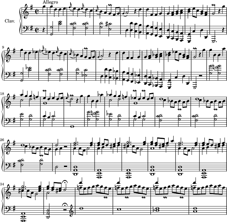 
\version "2.18.2"
\header {
  tagline = ##f
  % composer = "Domenico Scarlatti"
  % opus = "K. 470"
  % meter = "Allegro"
}

%% les petites notes
trillG     = { \tag #'print { g4\prall } \tag #'midi { a32 g a g~ g8 } }
trillGb    = { \tag #'print { g2\prall } \tag #'midi { a32 g a g~ g4. } }
trillE     = { \tag #'print { e4\prall } \tag #'midi { f32 e f e~ e8 } }
trillEes   = { \tag #'print { ees4\prall } \tag #'midi { f32 ees f ees~ ees8 } }
trillDb    = { \tag #'print { d2\prall } \tag #'midi { e32 d e d~ d4. } }
trillBes   = { \tag #'print { bes4\prall } \tag #'midi { c32 bes c bes~ bes8 } }
trillFq    = { \tag #'print { f8\prall } \tag #'midi { g32 f g f } }

upper = \relative c'' {
  \clef treble 
  \key g \major
  \time 2/2
  \tempo 2 = 92
  \set Staff.midiInstrument = #"harpsichord"

      s8*0^\markup{Allegro}
      \partial 4
      g'4 | g d d e | \appoggiatura fis16 e4 d \appoggiatura e16 d4 c | \appoggiatura c16 b4 a \trillG fis8 g | \appoggiatura g4 a2  r4 d4 | d fis, fis g |
      % ms. 6
      g4 < fis a > < g b > < a c > | < b d > e8 c < g b >4 < fis a > | \trillGb r4
      g'4 | g d d ees | \appoggiatura f16 ees4 d \appoggiatura ees16 d4 c | \appoggiatura c16 bes4 a \trillG fis8 g |
      % ms. 12
      \appoggiatura g4 a2  r4 d4 | d fis, fis g | g4 < fis a > < g bes > < a c > | < bes d > ees8 c < g bes >4 < fis a > | \trillGb r4 g'4 | g b, b a' | 
      % ms. 18
      << { a4 g g f | \trillE d e d8 e } \\ { c2 d | g,1 } >> \appoggiatura e'16 \trillDb r4 g4 | g b, b aes' |
      << { aes4 g g f | \trillEes d \trillEes d8 ees } \\ { c2 d | g,1 } >>
      % ms. 24
      \repeat unfold 2 { << { d'1 } \\ { c4 bes8 a \trillBes a8 bes } >> } | << { d1 | d2 } \\ { c4 bes8 a \trillBes a8 g | g4 a } >> r2
      % ms. 28
      << { < d fis >2. q4 | q e8 d e4 fis | < e g >2. q4 | q < d fis >8 < cis e > fis4 a } \\ { s1*3 s2 d,2 }
      \\ { \stemDown a4 a8 fis a2 | a4 b cis d | cis cis8 a g2 | a1 } >>
      % ms. 32
       << { < d fis >2. q4 | q e8 d e4 fis | < e g >2. < cis e g >4 | < e g >4 < d fis >8 < cis e > d2\fermata } 
      \\ { a4 a8 fis a2 | a4 b cis d | cis cis8 a g2 | a2  } >>
      % ms. 36
      << { \repeat unfold 4 { d'4 s2. } } 
      \\ { f,8 e f g a g \trillFq e | \repeat unfold 2 { f8 e \trillFq g8 a g \trillFq e } | f8 e f g a g a f } >>
      % ms. 39
      

}

lower = \relative c' {
  \clef bass
  \key g \major
  \time 2/2
  \set Staff.midiInstrument = #"harpsichord"

    % ************************************** \appoggiatura a16 e4 \repeat unfold 2 {  } \times 2/3 { }   \omit TupletNumber 
      r4 | < g, g' >2 < c' e > | < fis, c' d > q | < g d' > < e cis' > | d4 < d d' > < c c' > < b b' > | < a a' > < g g' > < fis fis' > < e e' > | 
      % ms. 6
      < d d' >4 < c c' > < b b' > < a a' > | < g g' > c' d d, | g,2. r4 | < g' g' >2 < c' ees > | < fis, c' d > q | < g d' > < ees c' >
      % ms. 12
      d4 < d d' > < c c' > < bes bes' > | < a a' > < g g' > < fis fis' > < ees ees' > | < d d' >4 < c c' > < bes bes' > < a a' > | < g g' > | c' d d, | g,2 r2 | < g'' g' >2 < g f' g >
      % ms. 18
      < g e' >2 < g d' > | << { c4 b c2 } \\ { g2 g } >> | g,1 | < g' g' >2 < g f' g > | < g ees' >2 < g d' > | << { c4 b c2 } \\ { g2 g } >> |
      % ms. 24
      \repeat unfold 3 { < fis c' d >2 < g d' > } | d2 r2 | 
      % ms. 28
      < d, a' d >1 | < a e' a > q | < d a' d > q < a e' a > q < d a' d >2 r2\fermata
      % ms. 36
        \clef treble  d'''1 c < bes d > | < a d >

}

thePianoStaff = \new PianoStaff <<
    \set PianoStaff.instrumentName = #"Clav."
    \new Staff = "upper" \upper
    \new Staff = "lower" \lower
  >>

\score {
  \keepWithTag #'print \thePianoStaff
  \layout {
      #(layout-set-staff-size 17)
    \context {
      \Score
     \override TupletBracket.bracket-visibility = ##f
     \override SpacingSpanner.common-shortest-duration = #(ly:make-moment 1/2)
      \remove "Metronome_mark_engraver"
    }
  }
}

\score {
  \keepWithTag #'midi \thePianoStaff
  \midi { }
}
