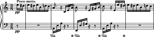  { \new PianoStaff << \new Staff \with { \magnifyStaff #5/7 } \relative c'' { \set Staff.midiInstrument = #"electric piano 1" \clef treble \hide Score.MetronomeMark \time 3/8 \tempo 8 = 116 \partial 8 e16\pp^\markup { \bold "Poco moto." } dis | \tempo 8 = 128 e16 dis \tempo 8 = 156 e b d c | a8 r16 c, e a | b8 r16 e, gis b | c8 \tempo 8 = 132 r16 e, e' dis | \tempo 8 = 144 e16 dis\tempo 8 = 156 e b d c | } \new Staff \with { \magnifyStaff #5/7 } \relative c { \set Staff.midiInstrument = #"electric piano 1" \clef bass \partial 8 r8\pp | R4. a16 e' a r16 r8 | e,16 e' gis r16 r8 | a,16 e' a r16 r8 | R4. | } \new Dynamics = "pedalOne" { \magnifyMusic #5/7 { \partial 8 s8 | s4. | s4\sustainOn s16. s32\sustainOff | \once \override SustainPedal.extra-offset = #'(0.8 . 0) s4\sustainOn s16. s32\sustainOff | \once \override SustainPedal.extra-offset = #'(0.8 . 0) s4\sustainOn s16. s32\sustainOff | s4. | } } >> } 