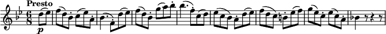 
\version "2.18.2"
\relative c'' {
  \key bes \major
  \time 6/8
  \tempo "Presto "
  \tempo 4 = 200
  \partial 4 d8  \p (ees)
  f (d) bes-. c (ees) a,-.
  bes4. (f8-.) d' (ees)
   f (d) bes-. g' (a) bes-.
   bes4. (f8-.) c (d)
   ees (c bes) a-. d (ees)
   f (d c) b-. ees (f)
   g (ees) c-. ees (c) a-.
   bes!4 r8 r4 r8
}
