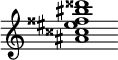 {
  % Rivin lopun pystyviiva ja tahtiosoitus piiloon.
  \override Score.BarLine.break-visibility = ##(#f #t #t)
  \override Staff.TimeSignature #'stencil = ##f
  
  <ais' cisis'' eis'' fisis'' bis'' disis'''>1
}
