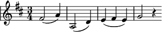 {
\override Score.SystemStartBar #'collapse-height = #1
\clef treble \key d \major \time 3/4
fis'2 (a'4) |
a2 (d'4) |
e'4 (fis'4 e'4) |
g'2 b'4\rest \bar ""
}