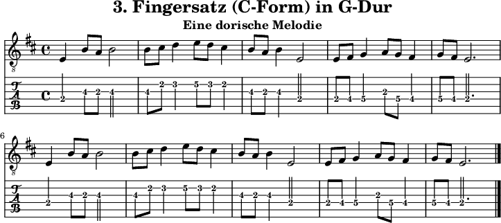 
\version "2.20.0"
\header {
  title="3. Fingersatz (C-Form) in G-Dur"
  subtitle="Eine dorische Melodie"
}
%% Diskant- bzw. Melodiesaiten
Diskant = \relative c {
  \set TabStaff.minimumFret = #2
  \set TabStaff.restrainOpenStrings = ##t
  \key e \dorian
  e4 b'8 a b2 | b8 cis d4 e8 d cis4 |
  b8 a b4 e,2 | e8 fis g4 a8 g fis4 |
  g8 fis e2. |
  e4 b'8 a b2 | b8 cis d4 e8 d cis4 |
  b8 a b4 e,2 | e8 fis g4 a8 g fis4 |
  g8 fis e2.
  \bar "|."
}

%% Layout- bzw. Bildausgabe
\score {
  <<
    \new Voice  { 
      \clef "treble_8" 
      \time 4/4  
      \tempo 4 = 120 
      \set Score.tempoHideNote = ##t
      \Diskant 
    }
    \new TabStaff { \tabFullNotation \Diskant }
  >>
  \layout {}
}

%% Midiausgabe mit Wiederholungen, ohne Akkorde
\score {
  <<
    \unfoldRepeats {
      \new Staff  <<
        \tempo 4 = 120
        \time 4/4
        \set Staff.midiInstrument = #"acoustic guitar (nylon)"
        \clef "G_8"
        \Diskant
      >>
    }
  >>
  \midi {}
}
%% unterdrückt im raw="!"-Modus das DinA4-Format.
\paper {
  indent=0\mm
  %% DinA4 = 210mm - 10mm Rand - 20mm Lochrand = 180mm
  line-width=180\mm
  oddFooterMarkup=##f
  oddHeaderMarkup=##f
  % bookTitleMarkup=##f
  scoreTitleMarkup=##f
}
