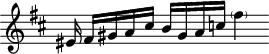 
\version "2.18.2"
\header {
  tagline = ##f
}

\score {
  \new Staff \with {
    \remove "Time_signature_engraver"
  }
<<
  \relative c' {
    \key b \minor
    \time 4/4

     %% CONTRE-SUJET fugue CBT I-24, BWV 869, si mineur 
     eis16 fis[ gis a cis] b[ gis a c] \parenthesize fis4

  }
>>
  \layout {
     \context { \Score \remove "Metronome_mark_engraver" 
     %\override SpacingSpanner.common-shortest-duration = #(ly:make-moment 1/2) 
}
  }
  \midi {} 
}
