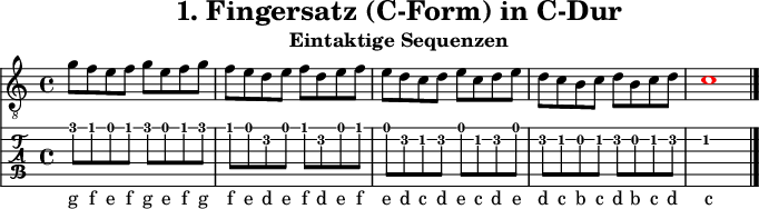 
\version "2.20.0"
\header {
  title="1. Fingersatz (C-Form) in C-Dur"
  subtitle="Eintaktige Sequenzen"
}
%% Diskant- bzw. Melodiesaiten
Diskant = \relative c'' {
 % \set TabStaff.minimumFret = #2
  % \set TabStaff.restrainOpenStrings = ##t
  \key c \major
  g8 f e f g e f g
  f e d e f d e f
  e d c d e c d e
  d c b c d b c d
  \once \override NoteHead #'color = #red c1
  \bar "|."
 }

%% Layout- bzw. Bildausgabe
\score {
  <<
    \new Voice  { 
      \clef "treble_8" 
      \time 4/4  
      \tempo 4 = 120 
      \set Score.tempoHideNote = ##t
      \Diskant \addlyrics {
        g8 f e f g e f g
        f e d e f d e f
        e d c d e c d e
        d c b c d b c d
        c
      }
    }
    \new TabStaff { \tabFullNotation \Diskant }
  >>
  \layout {}
}

%% Midiausgabe mit Wiederholungen, ohne Akkorde
\score {
  <<
    \unfoldRepeats {
      \new Staff  <<
        \tempo 4 = 120
        \time 4/4
        \set Staff.midiInstrument = #"acoustic guitar (nylon)"
        \clef "G_8"
        \Diskant
      >>
    }
  >>
  \midi {}
}
%% unterdrückt im raw="!"-Modus das DinA4-Format.
\paper {
  indent=0\mm
  %% DinA4 = 210mm - 10mm Rand - 20mm Lochrand = 180mm
  line-width=180\mm
  oddFooterMarkup=##f
  oddHeaderMarkup=##f
  % bookTitleMarkup=##f
  scoreTitleMarkup=##f
}

