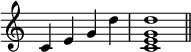 {\omit Staff.TimeSignature \time 4/4 c'4e'g'd'' \time 4/4 <c'e'g'd''>1 \bar "||"}