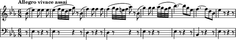 
<<
  \new Staff   \relative c'' {
         \clef "treble" 
         \tempo "Allegro vivace assai"
         \key ees \major
         \time 6/8
          \tempo 4 = 162
    \partial 8 bes8 (ees4) ees8 ees4 ees8
    ees4 (f32 ees d ees g8) r8 
    bes,8 (f'4) f8 f4 f8
    f4 (g32 f e f aes8) r8
    bes, (g'4) g8 g4 aes32 (g f g bes4.) ~ bes8 g ees
    f4. ~ f8 d bes ees4 r8 r4 r8
}
 \new Staff \relative c {      
         \clef  "bass"  
         \key ees \major
         \time 6/8  
         \partial 8 r8 ees4 r8 r4 r8 ees4 r8 r4 r8
         d4 r8 r4 r8 d4 r8 r4 r8
         ees4 r8 r4 r8 ees4 r8 r4 r8
         bes4 r8 r4 r8
         ees4 r8 r4 r8
}
>>
