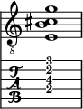  
<<
  %\override Score.BarLine.break-visibility = ##(#f #t #t)
  \time 1/1
    \new Staff  {
    \clef "treble_8"
        \once \override Staff.TimeSignature #'stencil = ##f
        <  e b cis' g'>1
    }

     \new TabStaff {
       \override Stem #'transparent = ##t
       \override Beam #'transparent = ##t 
      <  e\4 b\3 cis'\2 g'\1>1
  }
>>
