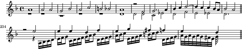 
\version "2.14.2"
\new Staff {
  \key f \major
  \time 4/4
  \set Score.tempoHideNote = ##t
  \tempo 4 = 112
  \relative c'' {
       <<
         {
           \voiceOne
           a1 a2 a g bes a c b bes a1 r2 f g2. a4 bes c d2 ~ d4 c c bes8 a bes2 a \bar "||"     \set Score.currentBarNumber = #234
           r2 e' e4 e d f e g fis f e d \bar "||" 
         }
         \new Voice {
           \voiceTwo
           r1 r r r r d, d2 d c es d f e es d2. s4
           s2 r4 a16 bes c d e f g8 c,16 d e f g a bes8 d,16 e f g a bes c8 e,16 f g a b c d8 d,16 e f g a32 g a g a g fis e g
         }
       >>
                }
              }
