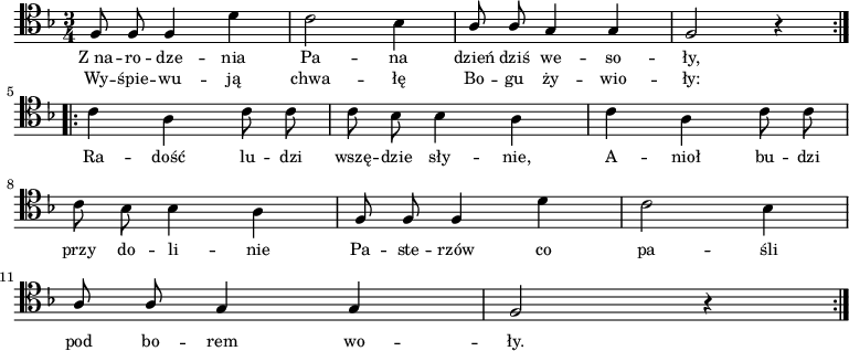 
\relative c {
\clef tenor
\key f \major
\time 3/4

\autoBeamOff
\repeat volta 2 {
\stemUp f8 f f4 \stemDown d' |
c2 bes4 |
\stemUp a8 a g4 g |
f2 r4 } \break
\repeat volta 2 {
\stemDown c'4 a c8 c |
c8 bes bes4 a |
c4 a c8 c | \break

c8 bes bes4 a |
\stemUp f8 f f4 \stemDown d' |
c2 bes4 | \break

\stemUp a8 a g4 g |
f2 r4 }
}
\addlyrics { \small {
Z_na -- ro -- dze -- nia Pa -- na dzień dziś we -- so -- ły, 
Ra -- dość lu -- dzi wszę -- dzie sły -- nie,
A -- nioł bu -- dzi przy do -- li -- nie
Pa -- ste -- rzów co pa -- śli pod bo -- rem wo -- ły. 
} }
\addlyrics { \small {
Wy -- śpie -- wu -- ją chwa -- łę Bo -- gu ży -- wio -- ły: 
} }
