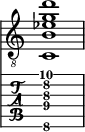  
<<
  %\override Score.BarLine.break-visibility = ##(#f #t #t)
  \time 1/1
    \new Staff  {
    \clef "treble_8"
        \once \override Staff.TimeSignature #'stencil = ##f
        <c  b ees' g' d''>1
    }

     \new TabStaff {
       \override Stem #'transparent = ##t
       \override Beam #'transparent = ##t 
      <c\6  b\4 dis'\3 g'\2 d''\1>1
  }
>>
