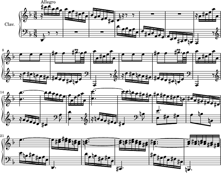 
\version "2.18.2"
\header {
  tagline = ##f
  % composer = "Domenico Scarlatti"
  % opus = "K. 553"
  % meter = "Allegro"
}

%% les petites notes
trillGisqqp     = { \tag #'print { gis16.\prall } \tag #'midi { a32 gis a } }

upper = \relative c'' {
  \clef treble 
  \key d \minor
  \time 3/8
  \tempo 4. = 54
  \set Staff.midiInstrument = #"harpsichord"
  \override TupletBracket.bracket-visibility = ##f

      s8*0^\markup{Allegro}
      r16 cis'16 d a bes g | a e f cis d a | bes g a e f cis | { \tag #'print d16 \tag #'midi r16 } r16 r8 r8 | 
      % ms. 5
      R4.*2 | r16 \repeat unfold 2 { a'16 cis e a a, | e'8 e e | fis fis \trillGisqqp fis64 gis | a16 }
      % ms. 13 suite
      a,16 cis e a a, | < bes bes' >4.~ bes'16 bes a g f e | f a, d f a a, | < c c' >4.~ 
      % ms. 18
      c'16 c b a gis fis | gis fis e dis e b | cis a gis fis e dis | e'4.~ | e16 < cis e > < d fis > < cis e > < b d > < a cis > | < b d >4.~
      % ms. 24
      < b d >16 q < cis e > < b d > < a cis > < gis b > | < a cis >4.~
      % ms. 30
      < a cis >16 q < b d > < a cis > < gis b > < fis a > |

}

lower = \relative c' {
  \clef bass
  \key d \minor
  \time 3/8
  \set Staff.midiInstrument = #"harpsichord"
  \override TupletBracket.bracket-visibility = ##f

    % ************************************** \appoggiatura a16  \repeat unfold 2 {  } \times 2/3 { }   \omit TupletNumber 
      d,,8 r8 r8 | R4.*2 | d''16 a bes g a e | f cis d a bes g |
      % ms. 6
      a16 e f cis d b |  \repeat unfold 2 { \clef bass a4 r8   \clef treble  r16 d'''16 cis b a gis | fis e d cis b e } | \clef bass
      % ms. 13
       a,,,4 r8 |  \clef treble r16 a''' g f e d | cis4   \clef bass a8 | < d, d' >4 r8 |  \clef treble  r16 b''16 a g fis e |
      % ms. 18
      dis4  \clef bass b8 | << { e4. } \\ { e,8 fis gis } >> | a8 b b, | e'16 b cis gis a e | d,4. | d''16 a b fis gis d |
      % ms. 24
      cis,4. | cis''16 gis a e fis cis | b,4. | % b''16 fis gis d e b | a,4 cis'8 | d e e, |
      % ms. 30
      % < a a' >4 < b b' >8 | < e, e' >8 a' b | e16 b cis gis, a e | d,4. | 

}

thePianoStaff = \new PianoStaff <<
    \set PianoStaff.instrumentName = #"Clav."
    \new Staff = "upper" \upper
    \new Staff = "lower" \lower
  >>

\score {
  \keepWithTag #'print \thePianoStaff
  \layout {
      #(layout-set-staff-size 17)
    \context {
      \Score
     \override SpacingSpanner.common-shortest-duration = #(ly:make-moment 1/2)
      \remove "Metronome_mark_engraver"
    }
  }
}

\score {
  \keepWithTag #'midi \thePianoStaff
  \midi { }
}
