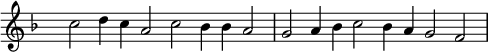 
{ \key f \major 
\set Score.tempoHideNote = ##t
\tempo 2=72
\set Staff.midiInstrument = "english horn"
\override Score.TimeSignature #'transparent = ##t 
\override Score.BarNumber  #'transparent = ##t
\time 6/2
c''2 d''4 c'' a'2 c'' bes'4 bes' a'2
g'2 a'4 bes' c''2 bes'4 a' g'2 f'
}
