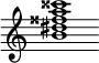 {
  % Rivin lopun pystyviiva ja tahtiosoitus piiloon.
  \override Score.BarLine.break-visibility = ##(#f #t #t)
  \override Staff.TimeSignature #'stencil = ##f
  
  <b' dis'' fisis'' a'' cisis'''>1
}
