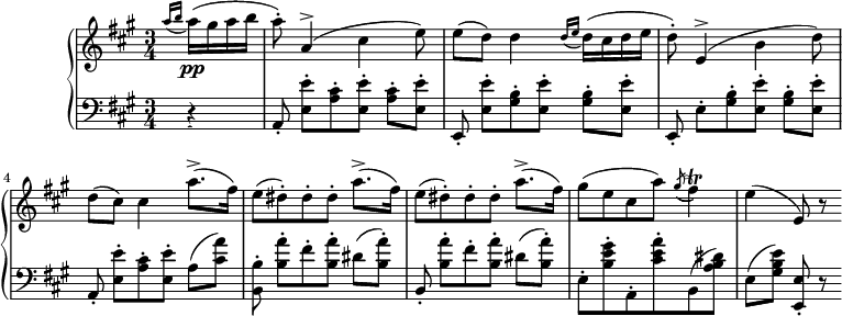 
\version "2.14.2"
\header {
 tagline = ##f
}
upper = \relative c'' {
 \clef treble
 \key a \major
 \time 3/4
 \tempo 4 = 102
  \set Staff.midiInstrument = #"violin"

 \partial 4
 \acciaccatura { a'16[ b] }
 a16\pp( gis a b
 a8-.) a,4^>( cis e8)
 e8( d) d4 \acciaccatura { d16[ e] } d16( cis d e
 d8-.) e,4^>( b' d8)
 d8( cis) cis4
 \repeat unfold 2 { a'8.->( fis16) e8[( dis-.) dis-. dis-.] } a'8.->( fis16)
 gis8( e cis a') \acciaccatura gis8( fis4)\trill % \startTrillSpan { \afterGrace e16[ fis]\stopTrillSpan }
 e4( e,8) r8

}

lower = \relative c {
 \clef bass
 \key a \major
 \time 3/4
  \set Staff.midiInstrument = #"pizzicato strings"
  
  \acciaccatura s8
  \partial 4
  r4
  a8-. < e'' e, >8-.[ \repeat unfold 2 { < cis a >8-. < e e, >8-.] }
  e,,8-. < e'' e, >8-.[ \repeat unfold 2 { < b gis >8-. < e e, >8-.] }
  e,,8-. e'8-.[ \repeat unfold 2 { < b' gis >8-. < e e, >8-.] }
  a,,8-. < e'' e, >8-.[ < cis a >8-. < e e, >8-.] a,( < a' cis, >8)
  < b, b, >8-. < a' b, >8-.[ fis-. < a b, >8-.] dis,( < a' b, >8-.)
  b,,8-. < a'' b, >8-.[ fis-. < a b, >8-.] dis,( < a' b, >8-.)
  e,8-. < gis' e b >8-. a,,8-. < a'' e cis >8-. b,,( < dis' b a >8)
  e,8[( < e' b gis >8)] < e, e, >8-. r8 \bar ":|"

}

\score {
 \new PianoStaff <<
  \set PianoStaff.instrumentName = #"Cordes"
  \new Staff = "upper" \upper
  \new Staff = "lower" \lower
 >>
 \layout {
  \context {
   \Score
   \remove "Metronome_mark_engraver"
  }
 }
 \midi { }
}
