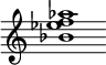 {
  % Rivin lopun pystyviiva ja tahtiosoitus piiloon.
  \override Score.BarLine.break-visibility = ##(#f #t #t)
  \override Staff.TimeSignature #'stencil = ##f
  
  <bes' ees'' f'' aes''>1
}
