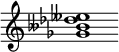 {
  % Rivin lopun pystyviiva ja tahtiosoitus piiloon.
  \override Score.BarLine.break-visibility = ##(#f #t #t)
  \override Staff.TimeSignature #'stencil = ##f
  
  <ges' beses' des'' eeses''>1
}
