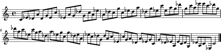 
{

\modalTranspose c c' { c des ees g a } { c8 ees des a } 
\modalTranspose c des' { c des ees g a } { c ees des a } 
\modalTranspose c ees' { c des ees g a } { c ees des a } 
\modalTranspose c g' { c des ees g a } { c ees des a } 
\modalTranspose c a' { c des ees g a } { c ees des a } 
\modalTranspose c c'' { c des ees g a } { c ees des a } 
\modalTranspose c des'' { c des ees g a } { c ees des a } 
\modalTranspose c ees'' { c des ees g a } { c ees des a } 
\modalTranspose c g'' { c des ees g a } { c ees des a } 

\modalInversion c ees''' { c des ees g a } { c ees des a } 
\modalInversion c des''' { c des ees g a } { c ees des a } 
\modalInversion c c''' { c des ees g a } { c ees des a } 
\modalInversion c a'' { c des ees g a } { c ees des a } 
\modalInversion c g'' { c des ees g a } { c ees des a } 
\modalInversion c ees'' { c des ees g a } { c ees des a } 
\modalInversion c des'' { c des ees g a } { c ees des a } 
\modalInversion c c'' { c des ees g a } { c ees des a } 
\modalInversion c a' { c des ees g a } { c ees des a } 
\modalInversion c g' { c des ees g a } { c ees des a } 
\modalInversion c ees' { c des ees g a } { c ees des a } 
\modalInversion c des' { c des ees g a } { c ees des a } 

c'2

\bar "|."
}
