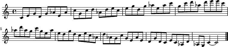 
{

\modalTranspose c c' { c d e g aes } { c8 e g } 
\modalTranspose c d' { c d e g aes } { c e g } 
\modalTranspose c e' { c d e g aes } { c e g } 
\modalTranspose c g' { c d e g aes } { c e g } 
\modalTranspose c aes' { c d e g aes } { c e g } 
\modalTranspose c c'' { c d e g aes } { c e g } 
\modalTranspose c d'' { c d e g aes } { c e g } 
\modalTranspose c e'' { c d e g aes } { c e g } 
\modalTranspose c g'' { c d e g aes } { c e g } 
\modalTranspose c aes'' { c d e g aes } { c e g } 

\modalInversion c e''' { c d e g aes } { c e g } 
\modalInversion c d''' { c d e g aes } { c e g } 
\modalInversion c c''' { c d e g aes } { c e g } 
\modalInversion c aes'' { c d e g aes } { c e g } 
\modalInversion c g'' { c d e g aes } { c e g } 
\modalInversion c e'' { c d e g aes } { c e g } 
\modalInversion c d'' { c d e g aes } { c e g } 
\modalInversion c c'' { c d e g aes } { c e g } 
\modalInversion c aes' { c d e g aes } { c e g } 
\modalInversion c g' { c d e g aes } { c e g } 
\modalInversion c e' { c d e g aes } { c e g } 
\modalInversion c d' { c d e g aes } { c e g } 

c'4~ c'2

\bar "|."
}
