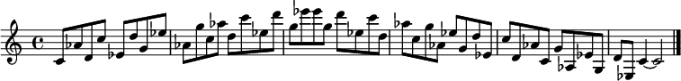 
{

\modalTranspose c c' { c d ees g aes } { c8 aes } 
\modalTranspose c d' { c d ees g aes } { c aes } 
\modalTranspose c ees' { c d ees g aes } { c aes } 
\modalTranspose c g' { c d ees g aes } { c aes } 
\modalTranspose c aes' { c d ees g aes } { c aes } 
\modalTranspose c c'' { c d ees g aes } { c aes } 
\modalTranspose c d'' { c d ees g aes } { c aes } 
\modalTranspose c ees'' { c d ees g aes } { c aes } 
\modalTranspose c g'' { c d ees g aes } { c aes } 

\modalInversion c ees''' { c d ees g aes } { c aes } 
\modalInversion c d''' { c d ees g aes } { c aes } 
\modalInversion c c''' { c d ees g aes } { c aes } 
\modalInversion c aes'' { c d ees g aes } { c aes } 
\modalInversion c g'' { c d ees g aes } { c aes } 
\modalInversion c ees'' { c d ees g aes } { c aes } 
\modalInversion c d'' { c d ees g aes } { c aes } 
\modalInversion c c'' { c d ees g aes } { c aes } 
\modalInversion c aes' { c d ees g aes } { c aes } 
\modalInversion c g' { c d ees g aes } { c aes } 
\modalInversion c ees' { c d ees g aes } { c aes } 
\modalInversion c d' { c d ees g aes } { c aes } 

c'4~ c'2

\bar "|."
}
