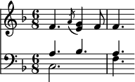 { \time 6/8 \key f \major << \relative f' { f4. \acciaccatura a8 <g e>4 f8 | f4. }
\new Staff { \clef bass \key f \major << \relative a { a4. bes | a } \\ \relative c { c2. | f4. } >> } >> }