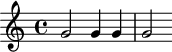 
\version "2.18.2"
\header {
  tagline = ##f
}

\score {
  \new Staff \with {

  }
<<
  \relative c'' {
    \key c \major
    \time 4/4

     g2 g4 g g2 

  }
>>
  \layout {
     \context { 
       \Score \remove "Metronome_mark_engraver" 
     }
  }
  \midi { \tempo 4 = 116}
}
