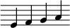 \relative c' {
     \override Staff.Clef #'stencil = ##f
     \override Staff.TimeSignature #'stencil = ##f
     \override Staff.BarLine #'stencil = ##f
     e f g a
   }