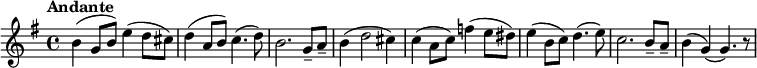  {\set Staff.midiInstrument = #"violin" \key g \major \tempo "Andante" b'4( g'8 b'8) e''4( d''8 cis''8) d''4( a'8 b'8) c''4.( d''8) b'2. g'8-- a'8-- b'4( d''2 cis''4)  c''4( a'8 c''8) f''4( e''8 dis''8) e''4( b'8 c''8) d''4.( e''8) c''2. b'8-- a'8-- b'4( g'4)( g'4.) r8} 
