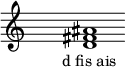 
\relative c'{
\override Staff.TimeSignature #'stencil = ##f
\cadenzaOn s1 <d fis ais> s1 \cadenzaOff
}
\addlyrics { \small { d_fis_ais } } 
