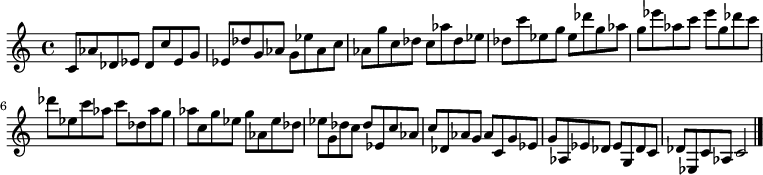 
{

\modalTranspose c c' { c des ees g aes } { c8 aes des ees } 
\modalTranspose c des' { c des ees g aes } { c aes des ees } 
\modalTranspose c ees' { c des ees g aes } { c aes des ees } 
\modalTranspose c g' { c des ees g aes } { c aes des ees } 
\modalTranspose c aes' { c des ees g aes } { c aes des ees } 
\modalTranspose c c'' { c des ees g aes } { c aes des ees } 
\modalTranspose c des'' { c des ees g aes } { c aes des ees } 
\modalTranspose c ees'' { c des ees g aes } { c aes des ees } 
\modalTranspose c g'' { c des ees g aes } { c aes des ees } 

\modalInversion c ees''' { c des ees g aes } { c aes des ees } 
\modalInversion c des''' { c des ees g aes } { c aes des ees } 
\modalInversion c c''' { c des ees g aes } { c aes des ees } 
\modalInversion c aes'' { c des ees g aes } { c aes des ees } 
\modalInversion c g'' { c des ees g aes } { c aes des ees } 
\modalInversion c ees'' { c des ees g aes } { c aes des ees } 
\modalInversion c des'' { c des ees g aes } { c aes des ees } 
\modalInversion c c'' { c des ees g aes } { c aes des ees } 
\modalInversion c aes' { c des ees g aes } { c aes des ees } 
\modalInversion c g' { c des ees g aes } { c aes des ees } 
\modalInversion c ees' { c des ees g aes } { c aes des ees } 
\modalInversion c des' { c des ees g aes } { c aes des ees } 

c'2

\bar "|."
}
