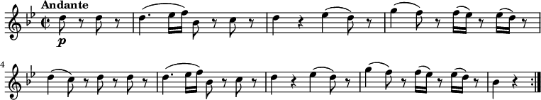 
 \relative c'' {
    \version "2.18.2"
    \key bes \major 
    \tempo "Andante"
    \tempo 4 = 100
    \time 2/2
    \partial 2 d8\p r d r
    d4. (ees16 f) bes,8 r c r
    d4 r ees (d8) r
    g4 (f8) r f16 (ees) r8 ees16 (d) r8
    d4 (c8) r d r d r
    d4. (ees16 f) bes,8 r c r
    d4 r ees (d8) r
    g4 (f8) r f16 (ees) r8 ees16 (d) r8
    bes4 r \bar  ":|."
}
