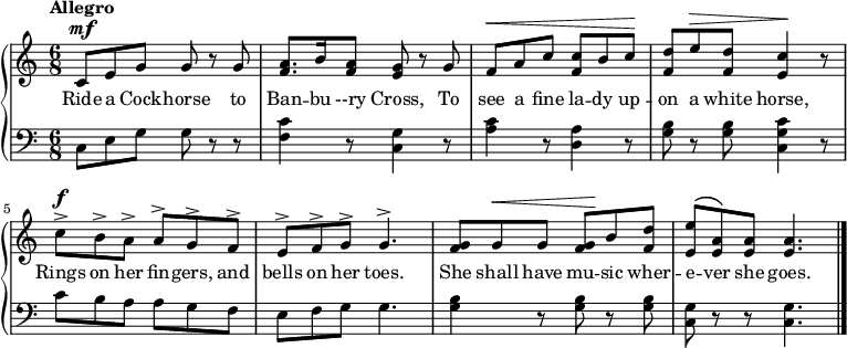 
\new PianoStaff << \relative c'
\new Staff << { \time 6/8 \tempo "Allegro" \dynamicUp \phrasingSlurUp
c8\mf e g g r g | <a f>8. b16 <a f>8 <g e> r g | f\< a c <c f,> b c\! | <d f,> e\> <d f,> <c e,>4\! r8 |c\f^\accent b^\accent a^\accent a^\accent g^\accent f^\accent | e^\accent f^\accent g^\accent g4.^\accent | <g f>8 g\< g <g f>\! b <d f,> | <e e,>\( <a, e>\) <a e> <a e>4. \bar "|."
}
\addlyrics {Ride a Cock -- horse to Ban -- bu --ry Cross, To see a fine la -- dy up -- on a white horse, Rings on her fin -- gers, and bells on her toes. She shall have mu -- sic wher -- e -- ver she goes.
} >>
\new Staff { \clef bass
c8 e g g r r | <f c'>4 r8 <c g>4 r8 | <a c'>4 r8 <d a>4 r8 | <g b>8 r <g b> <c g c'>4 r8 | c' b a a g f | e f g g4. | <g b>4 r8 <g b> r <g b> | <c g> r r <c g>4.
}
>>
