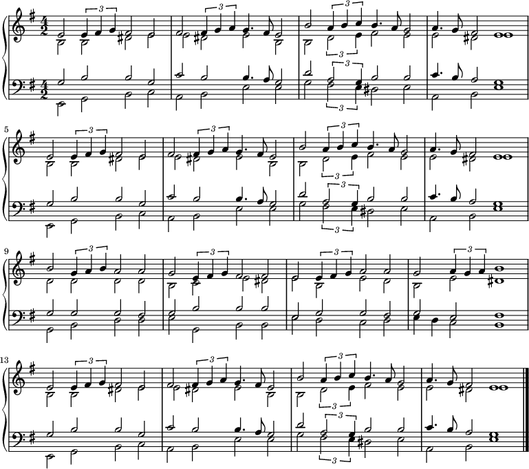 
{ \new PianoStaff <<
  \new Staff << 
    \new Voice \relative c' {\set Staff.midiInstrument = #"church organ" \set Score.tempoHideNote = ##t \tempo 4 = 130 \voiceOne \clef treble 
    \key e \minor
    \time 4/2
\language "english"
  e2 \times 2/3 {e4 fs g} fs2 e fs2 \times 2/3 {fs4 g a} g4. fs8 e2
  b'2 \times 2/3 {a4 b c} b4. a8 g2 a4. g8 fs2 e1
  e2 \times 2/3 {e4 fs g} fs2 e fs2 \times 2/3 {fs4 g a} g4. fs8 e2
  b'2 \times 2/3 {a4 b c} b4. a8 g2 a4. g8 fs2 e1
  b'2 \times 2/3 {g4 a b} a2 a g2 \times 2/3 {e4 fs g} fs2 fs
  e2 \times 2/3 {e4 fs g} a2 a g2 \times 2/3 {a4 g a} b1
  e,2 \times 2/3 {e4 fs g} fs2 e fs2 \times 2/3 {fs4 g a} g4. fs8 e2
  b'2 \times 2/3 {a4 b c} b4. a8 g2 a4. g8 fs2 e1
  \bar "|."
  }
   \new Voice \relative c' { \voiceTwo
  b2 b ds e e ds e b
  b \times 2/3 {d2 e4} fs2 e e ds e1
  b2 b ds e e ds e b
  b \times 2/3 {d2 e4} fs2 e e ds e1
  d2 d d d b c e ds
  e b e d b e ds1
  b2 b ds e e ds e b
  b \times 2/3 {d2 e4} fs2 e e ds e1
  }  >>
  \new Staff <<
    \new Voice \relative c' {\set Staff.midiInstrument = #"church organ" \clef bass \key e \minor \time 4/2 \voiceOne
  g2 b b g c b b4. a8 g2
  d' \times 2/3 {a2 g4} b2 b c4. b8 a2 g1
  g2 b b g c b b4. a8 g2
  d' \times 2/3 {a2 g4} b2 b c4. b8 a2 g1
  g2 g g fs g b b b
  e, g g fs g e fs1
  g2 b b g c b b4. a8 g2
  d' \times 2/3 {a2 g4} b2 b c4. b8 a2 g1
  }
   \new Voice \relative c { \voiceTwo
  e,2 g b c a b e e
  g \times 2/3 {fs2 e4} ds2 e a,2 b e1
  e,2 g b c a b e e
  g \times 2/3 {fs2 e4} ds2 e a,2 b e1
  g,2 b d d e g, b b
  e d c d e4 d c2 b1
  e,2 g b c a b e e
  g \times 2/3 {fs2 e4} ds2 e a,2 b e1
  }
  >> >> } 
 