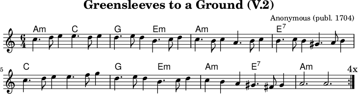 
\version "2.20.0"
\header {
 title = "Greensleeves to a Ground (V.2)"
 composer = "Anonymous (publ. 1704)"
 % arranger = "arr: ccbysa Mjchael"
}
% Akkorde
akkorde = \chordmode {
  \germanChords
  \set Staff.midiInstrument = #"acoustic guitar (nylon)"
  % Akkorde nur beim Wechsel Notieren
  \set chordChanges = ##t
  \repeat volta 4 {
    a2.:m c, g, e,:m
    a:m a,:m e:7 e,:7
    c, c g e:m
    a:m e,:7 a,1.:m
  }
}

melodie = \relative c' {
  \clef "treble"
  \time 6/4
  \tempo 4 = 120
  %Tempo ausblenden
  \set Score.tempoHideNote = ##t
  \key a\minor
  \set Staff.midiInstrument = #"recorder"
  \repeat volta 4 {
    c'4. d8 e4 e4. d8 e4 | d4. e8 d4 b4. c8 d4 |
    c4. b8 c4 a4. b8 c4 | b4. c8 b4 gis4. a8 b4 | 
    \break
    c4. d8 e4 e4. f8 g4 | d4. e8 d4 b4. c8 d4 |
    c4 b a gis4. fis8 gis4 | a2. a
    \mark "4x"
  }
}

\score {
  <<
    \new ChordNames { \akkorde }
    \new Voice = "Lied" { \melodie }
  >>
  \layout { }
}
\score {
  \unfoldRepeats {
  <<
    \new ChordNames { \akkorde }
    \new Voice = "Lied" { \melodie }
  >>
  }
  \midi { }
}

% unterdrückt im raw="!"-Modus das DinA4-Format.
\paper {
  indent=0\mm
  % DinA4 0 210mm - 10mm Rand - 20mm Lochrand = 180mm
  line-width=180\mm
  oddFooterMarkup=##f
  oddHeaderMarkup=##f
  % bookTitleMarkup=##f
  scoreTitleMarkup=##f
}
