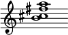 {
  % Rivin lopun pystyviiva ja tahtiosoitus piiloon.
  \override Score.BarLine.break-visibility = ##(#f #t #t)
  \override Staff.TimeSignature #'stencil = ##f
  
  <b' cis'' fis'' a''>1
}
