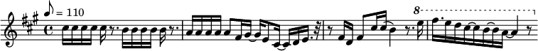 
{ \relative c' {
 \clef treble
 \key a \major
 \time 4/4
 \tempo 8 = 110
 \set Staff.midiInstrument = #"choir aahs"
 cis'16 cis cis cis cis r8. b16 b b b b r8. a16 a a a a8 fis16 gis~ gis e8 cis16~ cis d e16. r32
 \set Staff.midiInstrument = #"voice oohs"
  r8 fis16 d fis8 cis'16 cis (b4) r8.
 \set Staff.midiInstrument = "lead 2 (sawtooth)"
  \ottava #1 e'16~ fis16. e16 d cis~ cis b~ b a~ a4 r8 \ottava #0
 }
 } 