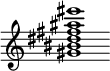 {
  % Rivin lopun pystyviiva ja tahtiosoitus piiloon.
  \override Score.BarLine.break-visibility = ##(#f #t #t)
  \override Staff.TimeSignature #'stencil = ##f
  
  <gis' bis' dis'' fis'' ais'' eis'''>1
}
