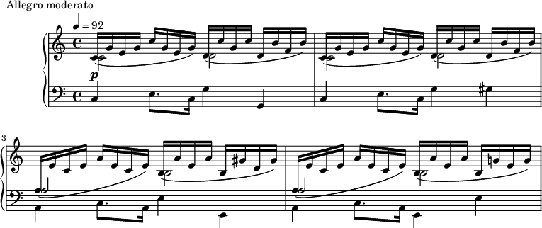 
\version "2.18.2"
\header {
  tagline = ##f
}
upper = \relative c' {
  \clef treble 
  \key c \major
  \time 4/4
  \tempo 4 = 92
  \override TupletBracket.bracket-visibility = ##f

   %%Montgeroult — Étude 2 (pdf p. 18)

   s4*0\p \repeat unfold 2 { << { c16_( g' e g c g e g) d_( c' g c d, b' f b) } \\ { c,2 d } >> }
   << { \change Staff = "lower" \stemDown a16_( \change Staff = "upper" e'16 c e a e c e) b_( a' e a b, gis' d gis) } \\ { s2 b,2 } >>
   << { \change Staff = "lower" \stemDown a16_( \change Staff = "upper" e'16 c e a e c e) b_( a' e a b, g'! e g) } \\ { s2 b,2 } >>

}

lower = \relative c {
  \clef bass
  \key c \major
  \time 4/4

   c4 e8. c16 g'4 g, c4 e8. c16 g'4 gis
   << {s2 } \\ { a,4 c8. a16 e'4 e, } \\ { a'2 } >> % merci pour la solution élégante !
   << {s2 } \\ { a,4 c8. a16 e4 e'~ } \\ { a2 } >>
}

  \header {
    piece = "Allegro moderato"
  }

\score {
  \new PianoStaff <<
    \new Staff = "upper" \upper
    \new Staff = "lower" \lower
  >>
  \layout {
    \context {
      \Score
      
    }
  }
  \midi { }
}
