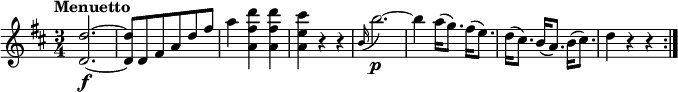 
\relative c'' {
    \version "2.18.2"
    \key d \major
    \tempo "Menuetto"
    \time 3/4
    <d, d'>2.\f ~
    <d d'>8 d8 fis a d fis
    a4 <a, fis'  d'> <a fis'  d'>
    <a e'  cis'> r4 r4
    \grace b16 (b'2.)\p ~
    b4 a16 (g8.) fis16 (e8.)
    d16 (cis8.) b16 (a8.) b16 (cis8.)
    d4 r4 r4  \bar ":|."
}
