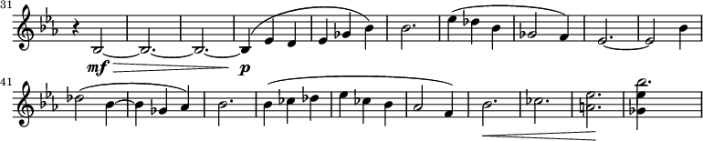 
\relative c' \new Staff \with { \remove "Time_signature_engraver" } {
  \key es \major \clef "treble"
  \set Staff.midiInstrument = "violin"
  \set Score.tempoHideNote = ##t \tempo 4 = 76
  \set Score.currentBarNumber = #31 \bar ""
  \time 3/4
  r4 bes2\mf\> ~ | bes2. ~ | bes ~ | bes4\p( es d | es ges bes) | bes2. |
  es4( des bes | ges2 f4) | es2. ~ | es2 bes'4 |
  des2( bes4 ~ | bes ges as) | bes2. |
  \override Hairpin #'to-barline = ##f
  bes4( ces des | es ces bes | as2 f4) | bes2.\< | ces | <a es'>\! | << \stemDown <ges es'>4 \\ bes'2. >> |
}
