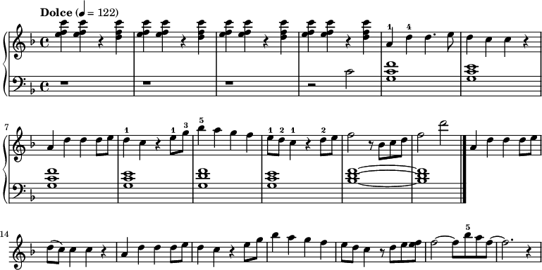 
 \relative c''{
 \new PianoStaff <<
 \new Staff {
 \clef treble
 \key f \major
 \tempo "Dolce" 4 = 122
 <c' f, e>4 <c f, e> r <c f, d> <c f, e>4 <c f, e> r <c f, d> <c f, e>4 <c f, e> r <c f, d> <c f, e>4 <c f, e> r <c f, d>
 a,-1 d-4 d4. e8 d4 c c r a d d d8 e d4-1 c r e8-1 g-3 bes4-5 a g f e8-1 d-2 c4-1 r d8-2 e f2 r8 bes, c d f2 d'
 a,4 d d d8 e d (c) c4 c r a d d d8 e d4 c r e8 g bes4 a g f e8 d c4 r8 d e <f e> f2~ f8 bes-5 a f~ f2. r4
 }

 \new Staff {
 \clef bass
 \key f \major
 r1 r r r2 c, <f c g>1 <e c g> <f c g> <e c g> <f d g,> <e c g> <f d bes>~ <f d bes>
 \bar "|."
 } >> } 