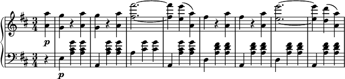 
 \relative c' {
  \new PianoStaff <<
   \new Staff { \key b \minor \time 3/4
    \set Score.tempoHideNote = ##t \tempo "" 2. = 56
     \partial 4
      <a' a'> <g g'> r <a a'> <g g'> r <a a'> <fis' fis'>2.~ <fis fis'>4 <e e'>( <a, a'>) fis' r <a a,> fis r <a a,> <e e'>2.~ <e e'>4 <d d'>( <a a'>)
   }
   \new Dynamics {
    s\p
      }
   \new Staff { \key b \minor \time 3/4 \clef bass \partial 4
      r4 e,\p <a cis g'> <a cis g'> a, <a' cis g'> <a cis g'> a <cis g'> <cis g'> a, <a' cis g'> <a cis g'> d, <a' d fis> <a d fis> a, <a' d fis> <a d fis> d, <a' d fis> <a d fis> a, <a' d fis> <a d fis>
   }
  >>
 }
