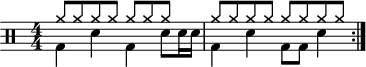 \version "2.22.0"
\header { tagline = ##f}
\score {
  \drums \with {midiInstrument = "drums"}
  \with { \numericTimeSignature }
  {
    \repeat volta 2 {
      <<{cymra8 cymra cymra cymra cymra [cymra cymra]}\\{bd4 sne bd sne8 sne16 sne16}>>
      <<{cymra8 cymra cymra cymra cymra cymra cymra cymra}\\{bd4 sne4 bd8 bd8 sne4}>>\break
    }
  }
  \layout {
    \context{
      \Score
      proportionalNotationDuration = #(ly:make-moment 1/8)
    }
  }
}
\score {
  \unfoldRepeats {
    \drums \with {midiInstrument = "drums"}{
      \repeat volta 2 {
        <<{cymra8 cymra cymra cymra cymra [cymra cymra]}\\{bd4 sne bd sne8 sne16 sne16}>>
        <<{cymra8 cymra cymra cymra cymra cymra cymra cymra}\\{bd4 sne4 bd8 bd8 sne4}>>\break
      }
    }
  }
  \midi { \tempo  4 = 102 }
}
