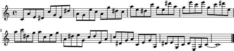 
{

\modalTranspose c c' { c dis e g a } { c8 a e } 
\modalTranspose c dis' { c dis e g a } { c a e } 
\modalTranspose c e' { c dis e g a } { c a e } 
\modalTranspose c g' { c dis e g a } { c a e } 
\modalTranspose c a' { c dis e g a } { c a e } 
\modalTranspose c c'' { c dis e g a } { c a e } 
\modalTranspose c dis'' { c dis e g a } { c a e } 
\modalTranspose c e'' { c dis e g a } { c a e } 
\modalTranspose c g'' { c dis e g a } { c a e } 

\modalInversion c e''' { c dis e g a } { c a e } 
\modalInversion c dis''' { c dis e g a } { c a e } 
\modalInversion c c''' { c dis e g a } { c a e } 
\modalInversion c a'' { c dis e g a } { c a e } 
\modalInversion c g'' { c dis e g a } { c a e } 
\modalInversion c e'' { c dis e g a } { c a e } 
\modalInversion c dis'' { c dis e g a } { c a e } 
\modalInversion c c'' { c dis e g a } { c a e } 
\modalInversion c a' { c dis e g a } { c a e } 
\modalInversion c g' { c dis e g a } { c a e } 
\modalInversion c e' { c dis e g a } { c a e } 
\modalInversion c dis' { c dis e g a } { c a e } 

c'~ c'1

\bar "|."
}
