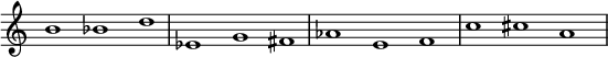 
{
\override Score.TimeSignature
#'stencil = ##f
\override Score.SpacingSpanner.strict-note-spacing = ##t
  \set Score.proportionalNotationDuration = #(ly:make-moment 1/1)
    \relative c'' {
        \time 3/1
        \set Score.tempoHideNote = ##t \tempo 1 = 60
       b1 bes d  
       es, g fis  
       aes e f  
       c' cis a
    }
}
