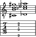  
<<
  %\override Score.BarLine.break-visibility = ##(#f #t #t)
  \time 2/1
    \new Staff  {
    \clef "treble_8"
        \once \override Staff.TimeSignature #'stencil = ##f
        <cis  b d' gis' >1 | <des  ces' eeses' aes' >1 |
    }

     \new TabStaff {
       \override Stem #'transparent = ##t
       \override Beam #'transparent = ##t 
      s2 <cis\6  b\4 d'\3 gis'\2 >1 s2
  }
>>
