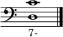 \relative c {
     \clef bass
     \override Staff.TimeSignature #'stencil = ##f
     <d c'>1_"7-"
     \bar "|."
   }