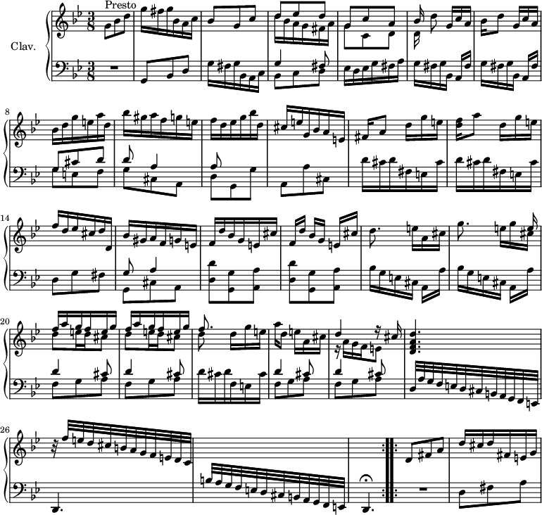 
\version "2.18.2"
\header {
  tagline = ##f
  % composer = "Domenico Scarlatti"
  % opus = "K. 76"
  % meter = "Presto"
}

%% les petites notes
%trillBesp     = { \tag #'print { bes4.\prall } \tag #'midi { c32 bes c bes~ bes4 } }

upper = \relative c'' {
  \clef treble 
  \key g \minor
  \time 3/8
  \tempo 4. = 58
  \set Staff.midiInstrument = #"harpsichord"
  \override TupletBracket.bracket-visibility = ##f

  \repeat volta 2 {
      s8*0^\markup{Presto}
      g8 bes d | g16 fis g bes, a c | bes8 g c | << { d8 ees d | g, c a | bes16 } \\ { d16 bes a g fis a | g8 c, d | d16 } >> d'8 g,16[ c a]
      % ms. 7
      bes16 d8 g,16[ c a] | bes d g e a d, | bes' gis a f g e | f d ees g bes d, | cis e g, bes a e | fis16 a8 d16[ g e]
      % ms. 13
      < d f >16 a'8 d,16[ g e] | f d ees cis d d, | bes' gis a f g e  | f d' bes g e cis' | f,[ d'] bes g e[ cis'] | d8. e16[ a, cis] |
      % ms. 19
      g'8. << { s8 e16 \repeat unfold 2 { f16 a g f e g } | f8. } \\ { e16 g cis, | \repeat unfold 2 { d8 e16 d cis8 } | d8 } >> d16 g e | a16 d,8 e16[ a, cis] | << { d4 r16 cis16 } \\ { r16 a16 g f e8 } >>
      % ms. 25
      < d f a d >4. | r32 f'32 e d cis b a g f e d c | \stemUp  \change Staff = "lower"  b a g f e d cis b a g f e | s4.  }%repet
      \stemNeutral   \change Staff = "upper"
      % ms. 29
      d''8 fis a | d16 cis d fis, e g

}

lower = \relative c' {
  \clef bass
  \key g \minor
  \time 3/8
  \set Staff.midiInstrument = #"harpsichord"
  \override TupletBracket.bracket-visibility = ##f

  \repeat volta 2 {
    % ************************************** \appoggiatura a16  \repeat unfold 2 {  } \times 2/3 { }   \omit TupletNumber 
      R4. | g,8 bes d | g16 fis g bes, a c | << { g'4 fis8 } \\ { bes,8 c d } >> | ees16 d ees g fis a | \repeat unfold 2 { g fis g bes, a[ fis'] }
      % ms. 8
      << { g8 cis d | d a4 | a8 } \\ { g8 e f | g cis, a | d g, g' } >> | a, a' cis, | \repeat unfold 2 { d'16 cis d fis, e cis' } |
      % ms. 14
      d,8 g fis | << { g8 a4 } \\ { g,8 cis a } >> | \repeat unfold 2 { < d d' >8 < g, g' > < a a' > } | \repeat unfold 2 { bes'16 g e cis a[ a'] } |
      % ms. 20
      \repeat unfold 2 { << { d4 cis8 } \\ { f,8 g a } >> } | d16 cis d f, e cis' | \repeat unfold 2 { << { d4 cis8 } \\ { f,8 g a } >> } |
      % ms. 25
      d,32 a' g f e d cis b a g f e | d4. | s4. | d4.\fermata }%repet
      % ms. 29
      \bar ":..:"  R4. | d'8 fis a | 

}

thePianoStaff = \new PianoStaff <<
    \set PianoStaff.instrumentName = #"Clav."
    \new Staff = "upper" \upper
    \new Staff = "lower" \lower
  >>

\score {
  \keepWithTag #'print \thePianoStaff
  \layout {
      #(layout-set-staff-size 17)
    \context {
      \Score
     \override SpacingSpanner.common-shortest-duration = #(ly:make-moment 1/2)
      \remove "Metronome_mark_engraver"
    }
  }
}

\score {
  \unfoldRepeats
  \keepWithTag #'midi \thePianoStaff
  \midi { }
}
